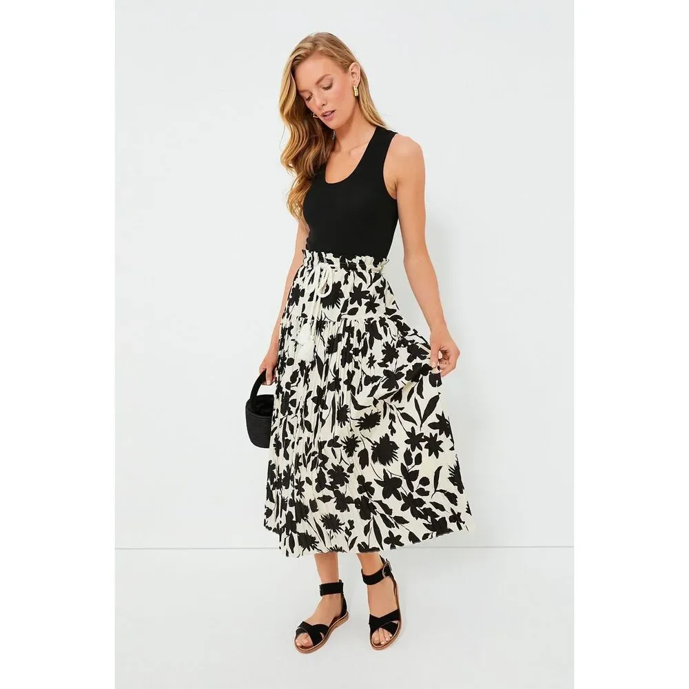 Moon River Floral Print A-line Full Midi Skirt Ivory, Black Size L